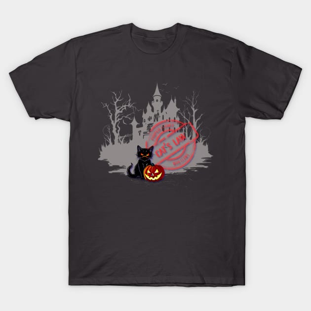 Halloween Cat with Pumpking - with stamp "Cat's Law! Pumpkin claimed with claws" T-Shirt by Cristilena Lefter